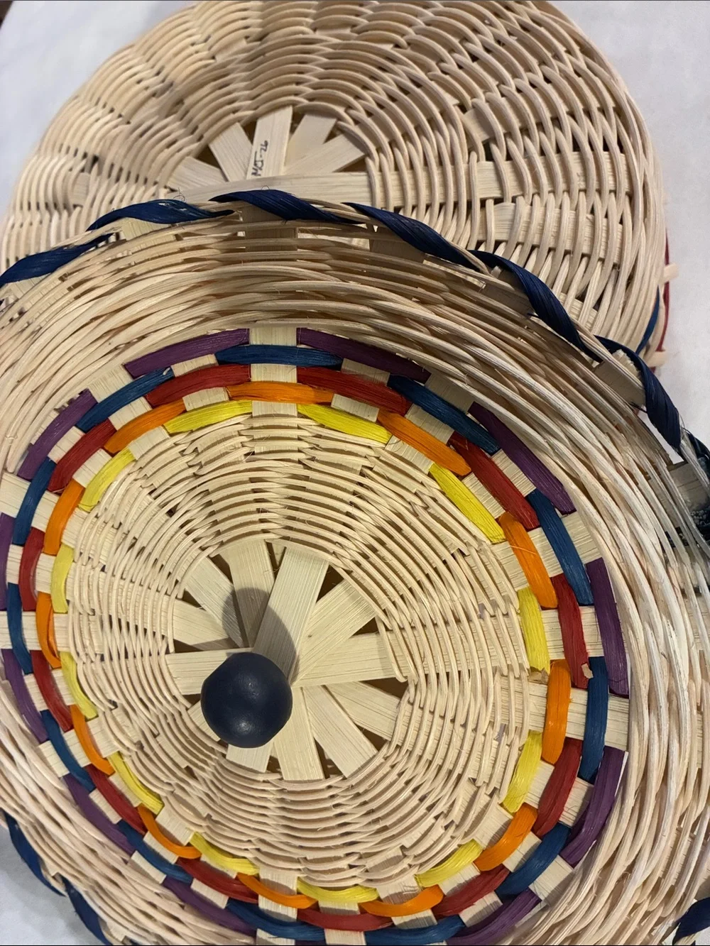 Handwoven Tortilla Basket Natural Wicker Basket Multicolor Accent Lid Wood Knob